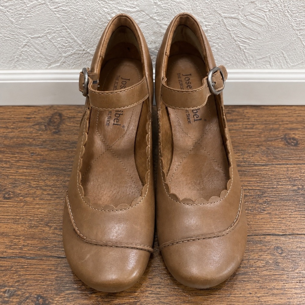 Josef Seibel Tan Leather Scalloped Mary Jane Pumps Brown Stacked Heel Shoes 37